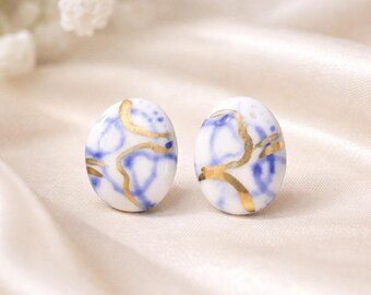 Handmade Porcelain Stud Earrings | Blue & Gold Ceramic Jewelry