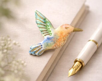 Handmade Porcelain Hummingbird Brooch – Hand Painted Bird Pin with 24k Gold