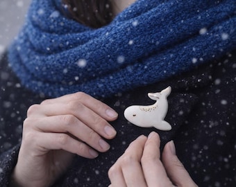 Handmade Porcelain Whale Brooch – Real Gold Accent, Ocean Jewelry
