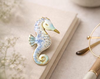 Handmade Porcelain Blue Seahorse Brooch – Hand Painted Sea Horse Pin with 24k Gold