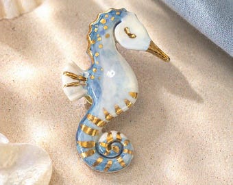 Seahorse Porcelain Brooch, Blue and White 24k Gold Ocean Jewelry, Handmade Ceramic Animal Pin, Coastal Gift for Her