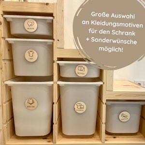 Discos de madeira para armazenamento de roupas nas prateleiras Ikea Trofast | Organização do guarda-roupa | Adesivo assina adesivo com gráficos Montessori