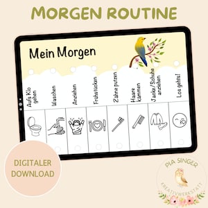 Puede incluir: Una descarga digital imprimible de un gráfico de rutina matutina para niños. El gráfico presenta un pájaro amarillo en una rama con flores rosas. El gráfico tiene un fondo blanco con contornos negros e iconos para cada actividad. Las actividades incluyen: levantarse, ir al baño, lavarse las manos, vestirse, desayunar, cepillarse los dientes, peinarse, ponerse una chaqueta y zapatos, y salir de casa. El texto en el gráfico dice "Morgen Routine" y "Mein Morgen".