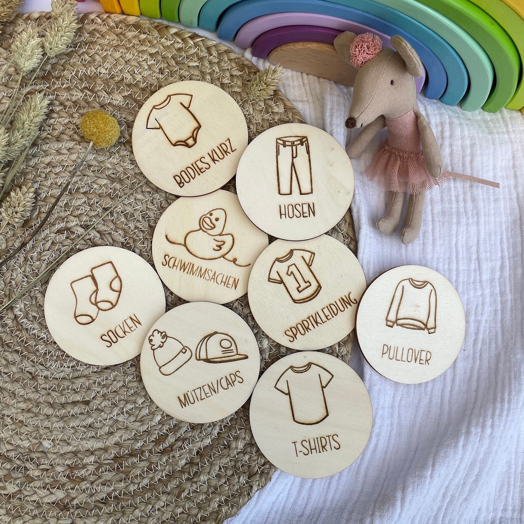 Montessori Kleiderschrank Etiketten aus Holz Aufbewahrung Kleidung Kind ...