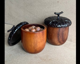 Handmade wooden acorn box, rustic kitchen storage, unique home decor piece, solid wood jewelry box, knickknack storage, wooden storage box