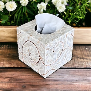 Vintage White Square tissue box holder, mother of pearl inlay tissue box, luxurious tissue box cover, nacre tissue box floral pattern