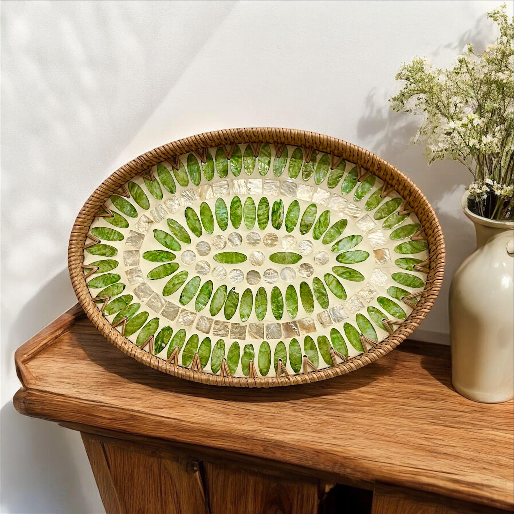 Set of 3 Oval Rattan Trays, Capiz Shell Inlay Trays, Boho Coastal ...