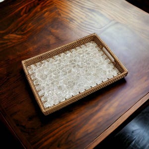 Ivory Rectangle Hand-woven Rattan and Mother Pearl Inlay Serving Tray, Coffee table tray, Decorative tray, Tea Cocktail tray, Bracelet Tray