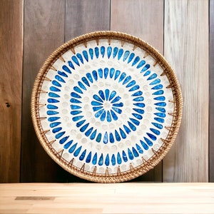 Blue Mandala Round Handmade Rattan Mother Pearl Serving Tray, Coffee table tray, Decorative tray, Tea tray, Cocktail tray, Bracelet Tray