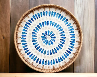 Blue Mandala Round Handmade Rattan Mother Pearl Serving Tray, Coffee table tray, Decorative tray, Tea tray, Cocktail tray, Bracelet Tray