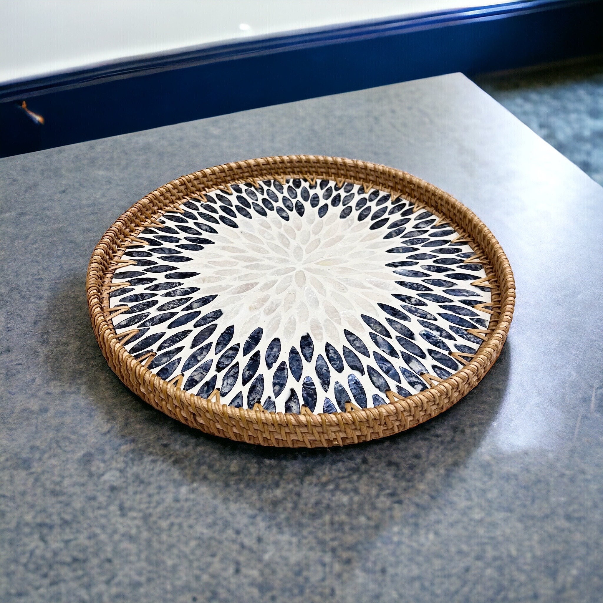Round Breakfast Tray, Handmade Rattan Black & White Capiz Shell Serving ...