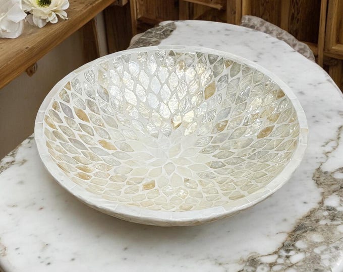 Gold Capiz Shell Inlay Bowl 14in: Mother of Pearl Centerpiece, Handmade ...