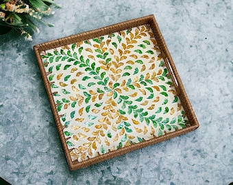 Handmade Rattan Serving Tray with Capiz Shell inlay Green & Yellow leave pattern, Square Coffee Tea Cocktail Decorative tray with handles