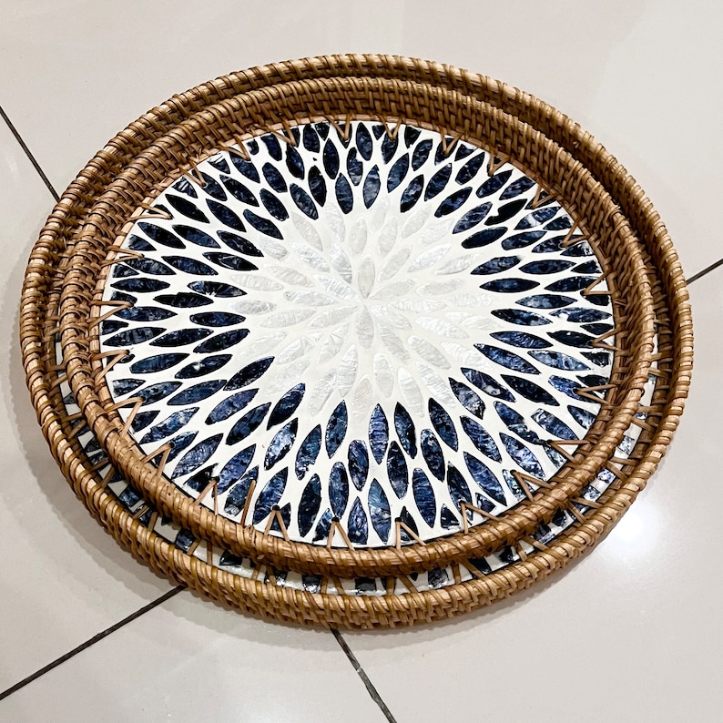 Round Breakfast Tray, Handmade Rattan Black & White Capiz Shell Serving ...