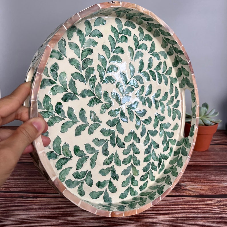 Mother pearl inlay round tray with green leaves pattern, nacre serving tray, coffee table breakfast tray, decorative tray, housewarming gift image 7