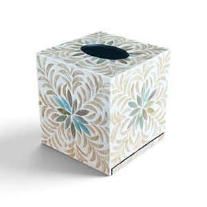 Aqua Floral Mother of Pearl Tissue Box Cover Square Cube Tissue Holder Gold Leaf Inlay Luxury Bathroom Decor Vanity Top Housewarming Gift image 3