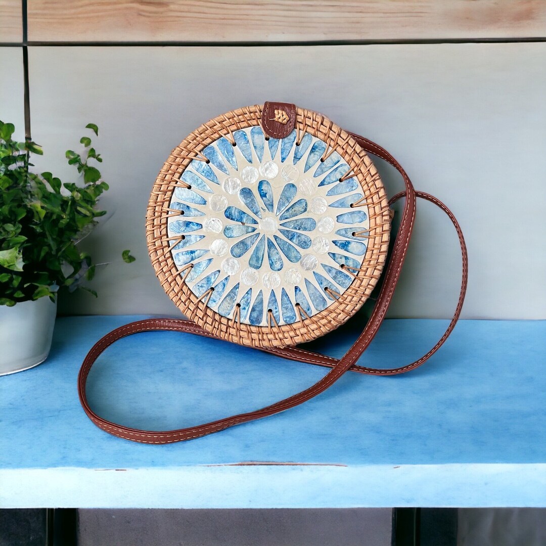 Beautiful Round Rattan Crossbody Bag With Inlaid Mother of Etsy