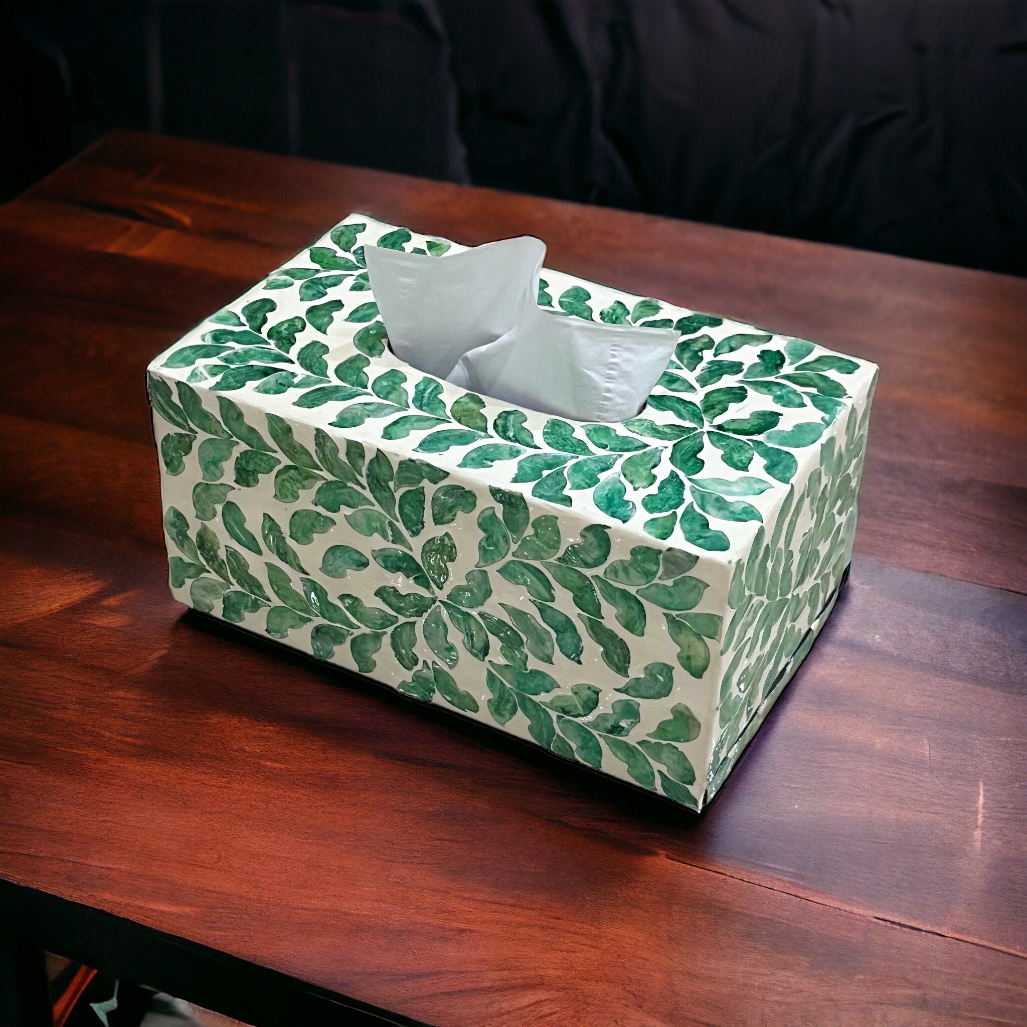 Green leave mother pearl inlay tissue box holder, big luxurious rectangular tissue box cover, handmade nacre tissue box, napkin case holder