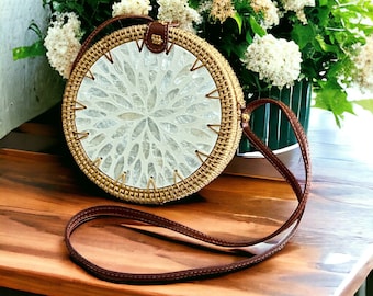Lovely Round Rattan Crossbody Bag with White Inlaid Mother of Pearl 8" Diameter Round Straw Purse - Handwoven Shoulder purse - Bohemian Bag