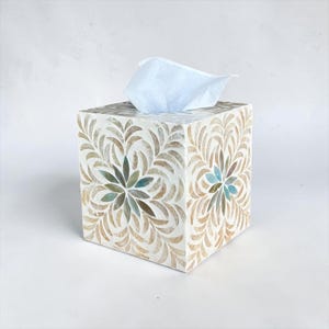 Aqua Floral Mother of Pearl Tissue Box Cover Square Cube Tissue Holder Gold Leaf Inlay Luxury Bathroom Decor Vanity Top Housewarming Gift image 6