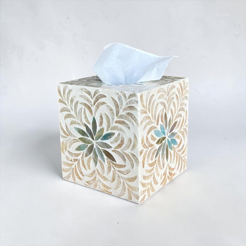 Aqua Floral Mother of Pearl Tissue Box Cover Square Cube Tissue Holder Gold Leaf Inlay Luxury Bathroom Decor Vanity Top Housewarming Gift image 6
