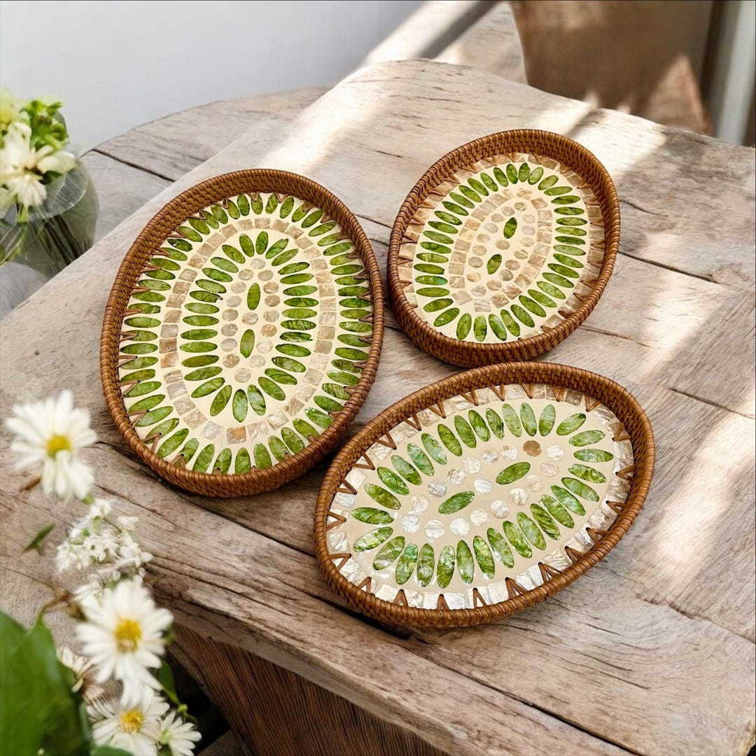 Set of 3 Oval Rattan Trays, Capiz Shell Inlay Trays, Boho Coastal ...