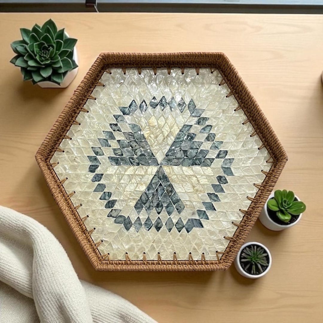 Hexagon Hand-woven Rattan With Capiz Shell Inlay Serving Tray in Ivory ...