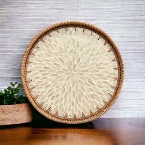 White Mandala Round Handmade Rattan Mother Pearl Serving Tray, Coffee table tray, Decorative tray, Tea tray, Cocktail tray, Bracelet Tray