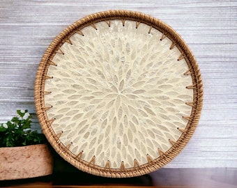 White Mandala Round Handmade Rattan Mother Pearl Serving Tray, Coffee table tray, Decorative tray, Tea tray, Cocktail tray, Bracelet Tray