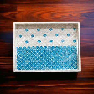 Blue White Mermaid Capiz Shell Mother of Pearl Serving Tray, Decorative tray, Tea Cocktail Coffee tray, Bracelet Tray, Rectangle Nacre Tray