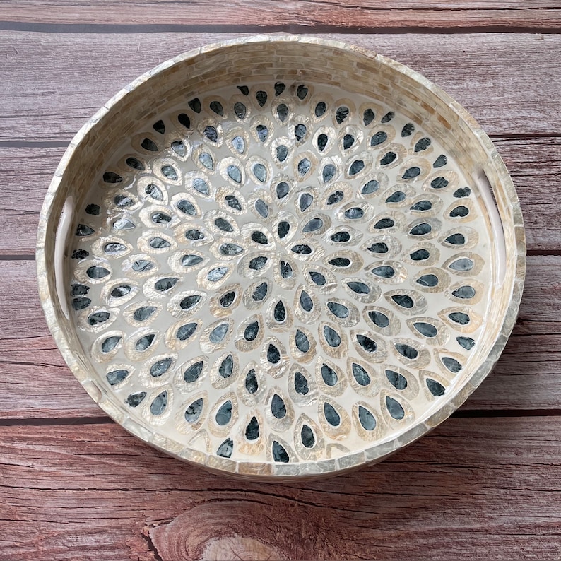 Round Breakfast tray, Mother of Pearl Serving Tray Peacock Tail, Coffee table tray, Decorative tray, Tea tray, Cocktail tray, Bracelet Tray image 2