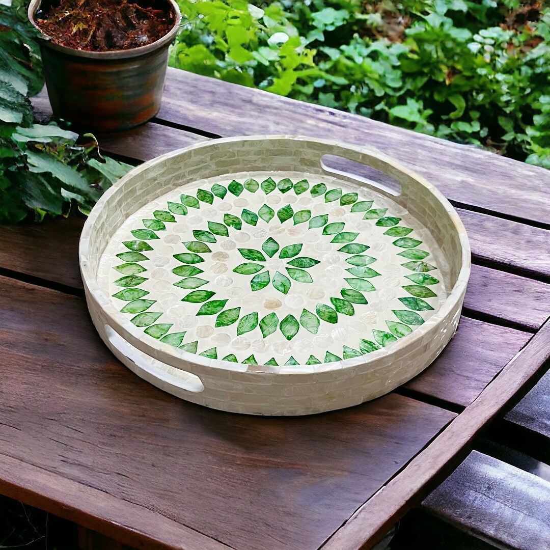 Handmade Mother of Pearl Serving Tray: Green & Ivory Capiz Shell Inlay ...