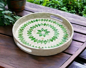 Green and White Capiz Shell Breakfast tray, Mother of Pearl Serving Tray, Round Decorative tray, Tea Cocktail Coffee tray, Bracelet Tray