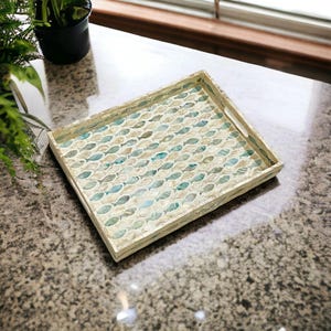 Blue ocean Fish Mother Pearl Serving Tray, Coffee table tray, Decorative tray, Tea tray, Cocktail tray, Bracelet Tray, Rectangle Nacre Tray
