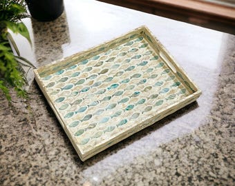 Blue Mother of Pearl Serving Tray: Handmade Nacre Coffee Table Decor Fish Pattern