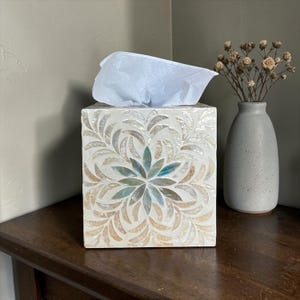 Aqua Floral Mother of Pearl Tissue Box Cover Square Cube Tissue Holder Gold Leaf Inlay Luxury Bathroom Decor Vanity Top Housewarming Gift