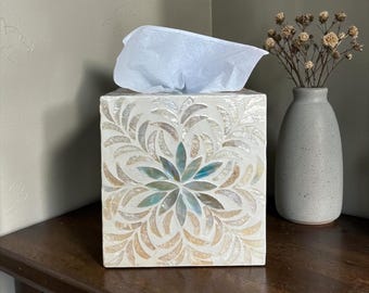 Aqua Floral Mother of Pearl Tissue Box Cover Square Cube Tissue Holder Gold Leaf Inlay Luxury Bathroom Decor Vanity Top Housewarming Gift