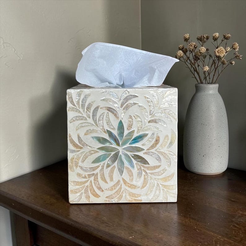 Aqua Floral Mother of Pearl Tissue Box Cover Square Cube Tissue Holder Gold Leaf Inlay Luxury Bathroom Decor Vanity Top Housewarming Gift image 1