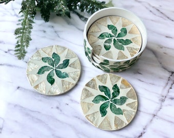 Mother of Pearl Inlay Round Coasters Green Leaf Pattern, Set 6 Coasters with Holder, Table Accessories Eco-friendly Drinkware Barware