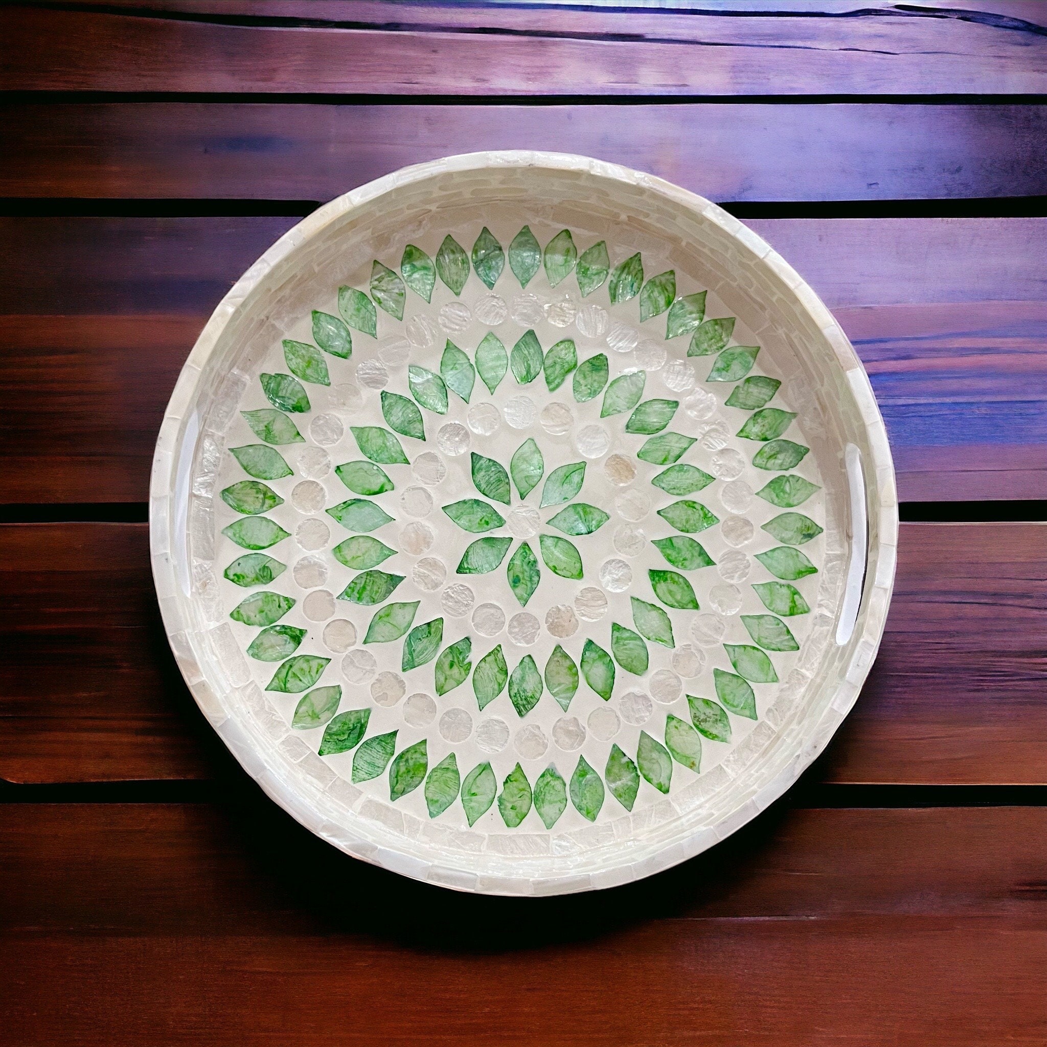 Handmade Mother of Pearl Serving Tray: Green & Ivory Capiz Shell Inlay ...