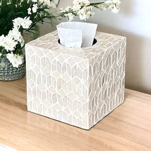 Modern White Square tissue box holder, mother of pearl inlay cubic tissue box, luxurious tissue box cover, cube nacre tissue box