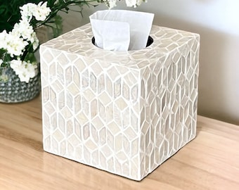 Modern White Square tissue box holder, mother of pearl inlay cubic tissue box, luxurious tissue box cover, cube nacre tissue box