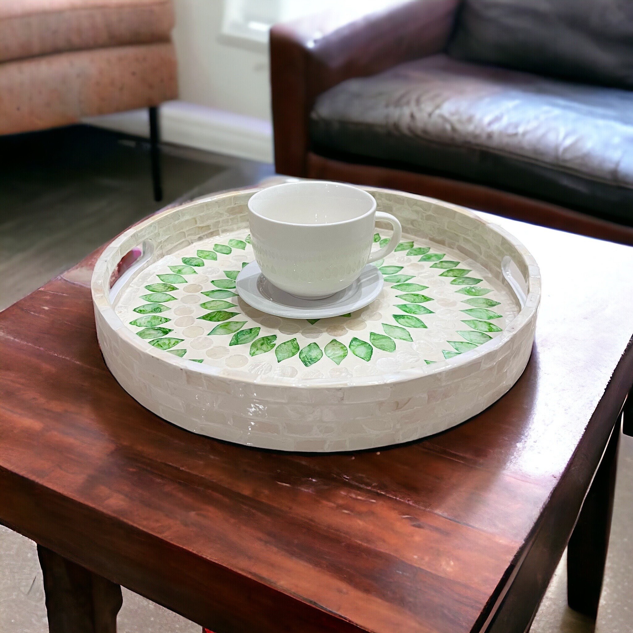 Handmade Mother of Pearl Serving Tray: Green & Ivory Capiz Shell Inlay ...
