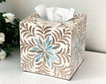 Aqua flower Gold Leaf Square tissue box holder, mother pearl inlay tissue box, luxurious tissue box cover, nacre tissue box floral pattern