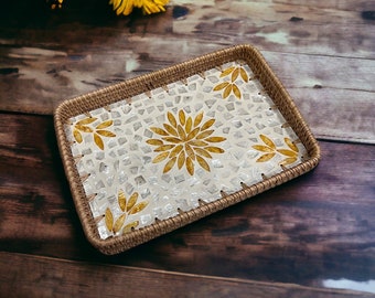 Autumn Floral Rectangle Hand-woven Rattan and Mother Pearl Inlay Serving Tray, Fall Flower Decorative tray, Tea Cocktail tray, Bracelet Tray