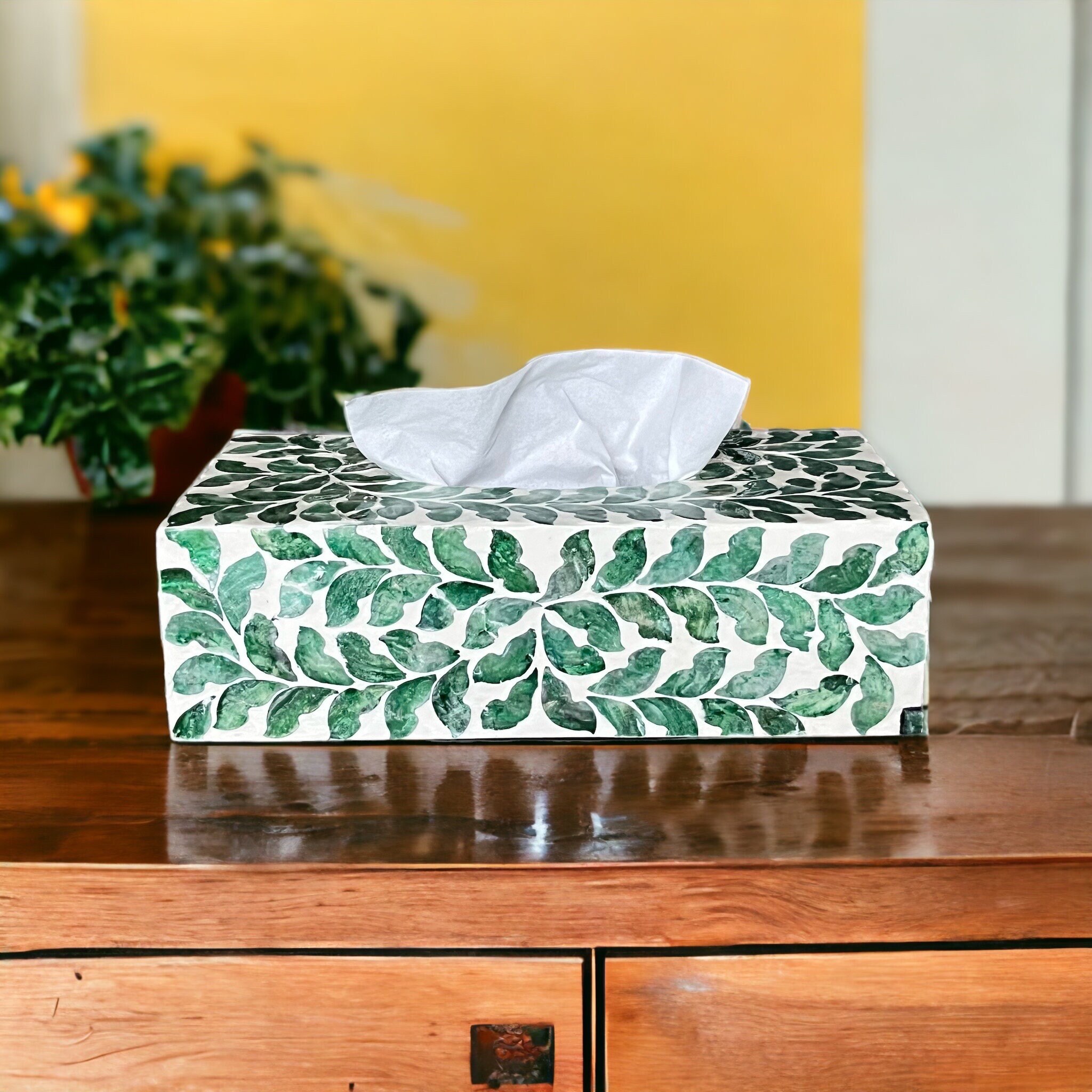 Perlmutt-Tissue-Box grüne Blätter, Rechteck-Tissue-Box-Halter