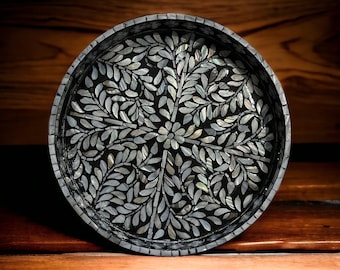 Round Breakfast tray, Mother of Pearl Black Floral Serving Tray, Coffee table tray, Decorative tray, Tea tray, Cocktail tray, Bracelet Tray