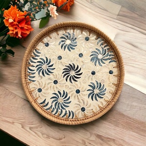 Pinwheel Pattern Round Handmade Rattan Mother Pearl Serving Tray, Coffee table tray, Decorative tray, Tea tray, Cocktail tray, Bracelet Tray