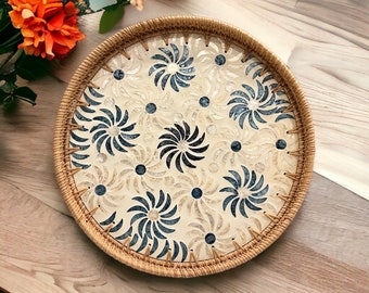 Pinwheel Pattern Round Handmade Rattan Mother Pearl Serving Tray, Coffee table tray, Decorative tray, Tea tray, Cocktail tray, Bracelet Tray