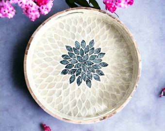 White capiz shell mother pearl inlay serving tray, round breakfast decorative tray, coffee tea tray, housewarming gift, jewelry trinket tray